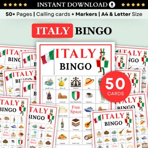 Italien Reise Bingo - 50 italienische Bingokarten, Reisespiel, Italien Aktivität, Partyspiel, Spaß Urlaub druckbar