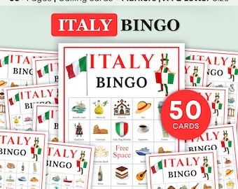 Bingo de viaje por Italia: 50 cartones de bingo italiano, juego de viaje, actividad para fiestas, imprimible para vacaciones divertidas.