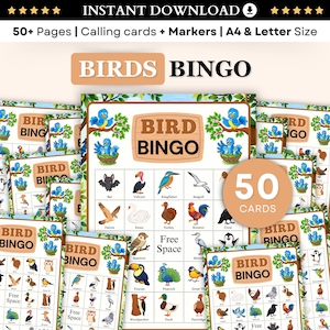 May include: A Bird Bingo game set with 50 cards, calling cards, and markers. The game features illustrations of various bird species and the text "Birds Bingo". The set is available in A4 and Letter sizes.