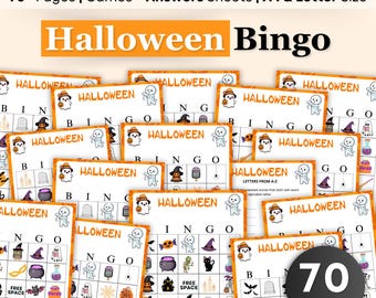Halloween Bingo, 70 Halloween Bingo Cards, Halloween Games, Kids Halloween Party Game, Halloween Classroom Activity, Cute Halloween Activity