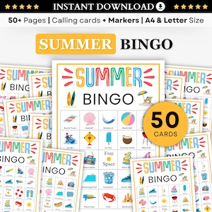 夏のビンゴカード印刷可能、子供向けビーチビンゴゲーム、休暇アクティビティ、夏のパーティーゲーム、即時ダウンロード、ビンゴPDF