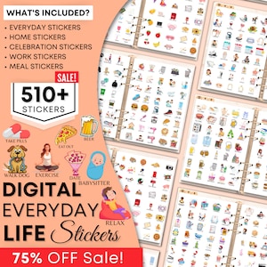 Everyday Digital Stickers Book for Goodnotes, PNG Files of Digital Stickers, Sticky Notes, Digital Icon Stickers, Digital Planner Stickers