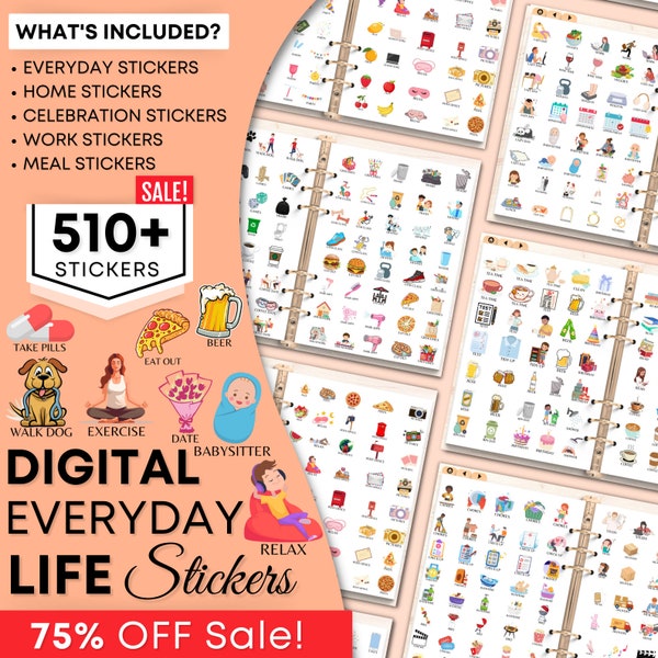 Everyday Digital Stickers Book for Goodnotes, PNG Files of Digital Stickers, Sticky Notes, Digital Icon Stickers, Digital Planner Stickers