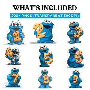 Pode incluir: Ilustra&ccedil;&otilde;es de desenhos animados de um monstro azul segurando os n&uacute;meros de 1 a 9, projetados para se parecerem com biscoitos. O texto "WHAT'S INCLUDED" e "200+ PNGS (TRANSPARENT 300DPI)" est&aacute; inclu&iacute;do na parte superior da imagem.