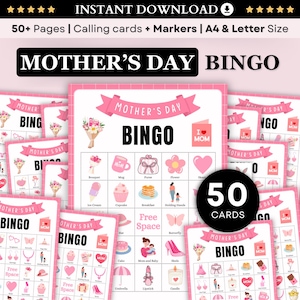 Druckbares Muttertags-Bingo, 40 Bingokarten zum Muttertag, Muttertagsaktivität für Kinder, Partyspiel für Kinder, Klassenzimmeraktivität