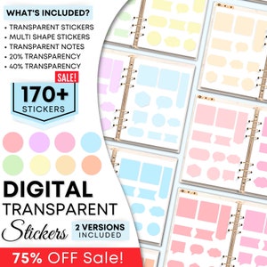 May include: Digital transparent stickers in various shapes and colors, including yellow, pink, blue, and green. The stickers are arranged in a binder with a sale banner that says "170+ Stickers" and "75% Off Sale!"