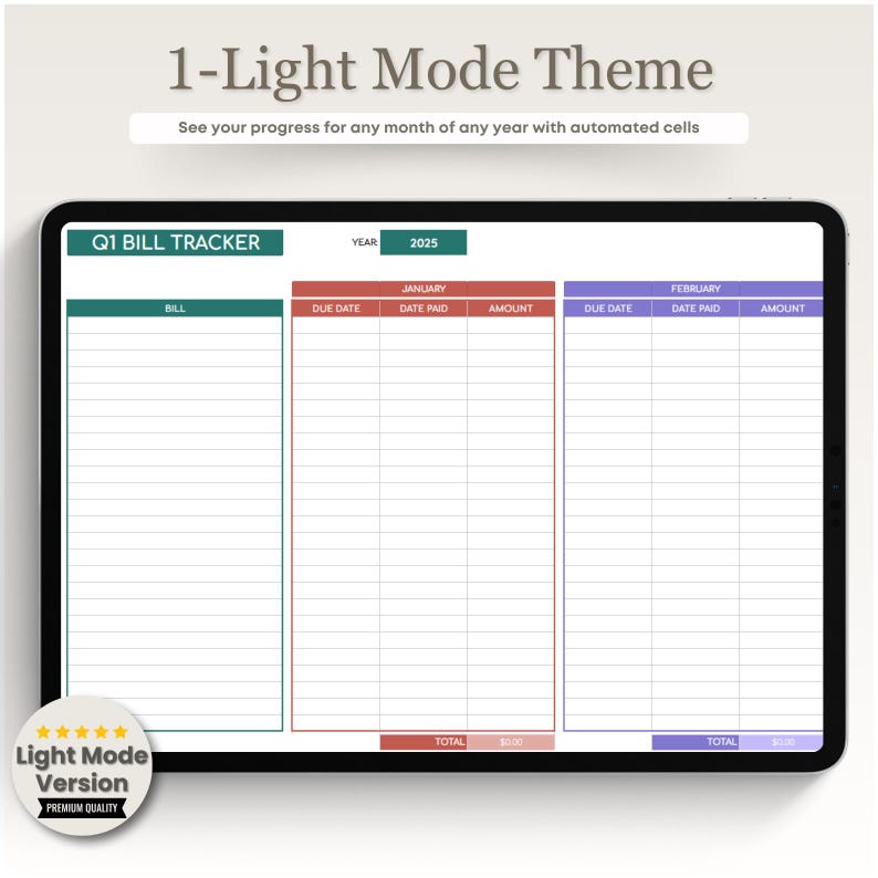May include: A digital bill tracker template for the first quarter of 2025. The template is divided into three sections: January, February, and a general bill section. Each section has columns for bill name, due date, date paid, and amount. The template is in a light mode theme with green, red, and purple accents.