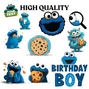 Pode incluir: Uma cole&ccedil;&atilde;o de ilustra&ccedil;&otilde;es de desenhos animados com um personagem de monstro azul, biscoitos e as palavras "HIGH QUALITY" e "BIRTHDAY BOY". As imagens s&atilde;o em um estilo l&uacute;dico, com cores brilhantes e contornos arrojados. Algumas imagens incluem o personagem segurando ou comendo biscoitos.