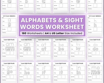 160 Printable Sight Words Worksheets, Fry First Hundred Sight Word Work, Learn to Read, Kindergarten Phonics Book, Toddler Spelling, Grade 1