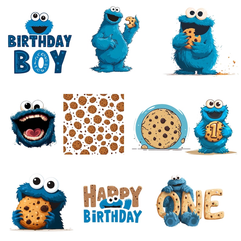 Pode incluir: Uma cole&ccedil;&atilde;o de imagens de desenhos animados com um personagem de monstro azul com olhos grandes, segurando e comendo biscoitos. Algumas imagens incluem o texto "BIRTHDAY BOY", "HAPPY BIRTHAY" e o n&uacute;mero "1".