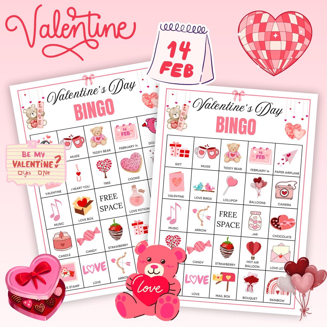 60 Valentines Bingo Game Cards Printable, Valentine's Day Bingo Cards ...