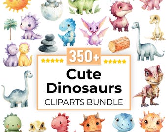 350+ Cute Dinosaur Clipart Bundle | Baby Dino PNGs | Watercolor Prehistoric Kids Art | Transparent Background | Digital Download