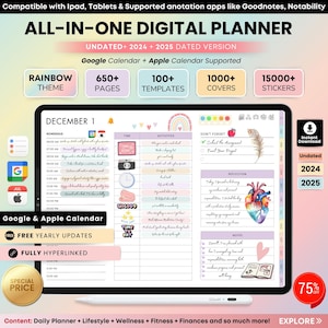 May include: A digital planner with a rainbow theme, featuring a December calendar page with a schedule, activities, and reflection sections. The planner includes 650+ pages, 100+ templates, 1000+ covers, and 15,000+ stickers. It is compatible with Google and Apple calendars and offers free yearly updates.