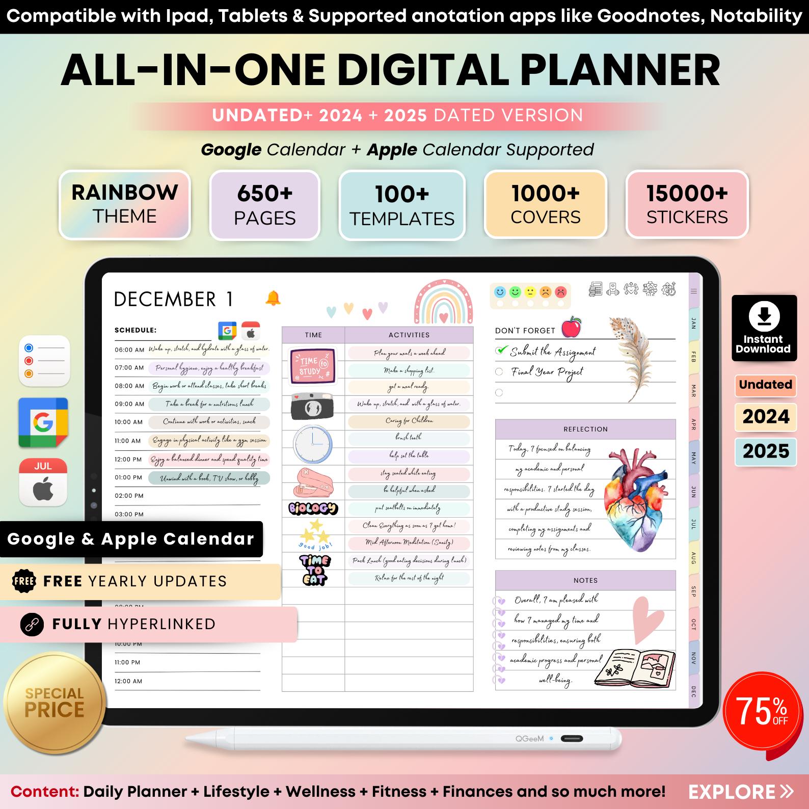 All-in-One Digital Planner 2024, 2025, 2026, Digital Planner, Digital Journal, Digital Goodnotes Template, Weekly, Daily Planner, Notability