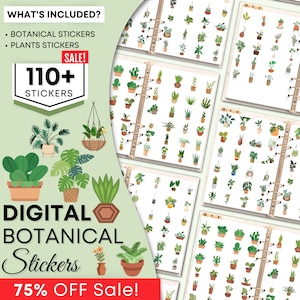 Könnte beinhalten: Digitaler Stickerbogen mit über 110 Illustrationen von Topfpflanzen und Botanik. Die Sticker sind in verschiedenen Farben und Stilen gehalten und perfekt, um Ihrem Planer, Journal oder Sammelalbum einen Hauch von Natur zu verleihen.