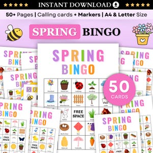 Op de afbeelding: Printbare "Lente Bingo" spelkaarten met kleurrijke illustraties van lentethema's. De set bevat 50 kaarten, belkaarten en markers, direct te downloaden.