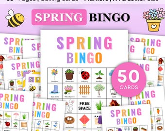 Bingo de printemps, 50 cartes de bingo de printemps à imprimer, Jeu de fête du printemps, Activité de printemps, Jeu de printemps, Jeu de printemps, Bingo de Pâques, Jeu de Pâques