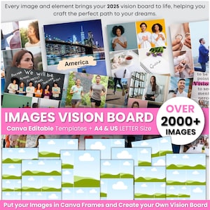 Imagens do quadro de visão 2025 Manifest Happiness PDF para impressão Mood Board para mulheres Afirmações positivas inspiradoras Abundância Lei da atração
