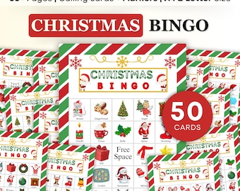 May include: Christmas Bingo game set with 50 cards, featuring festive illustrations of Santa, ornaments, and other holiday icons. The set includes calling cards and markers, perfect for family fun. The design is in red, green, and white.