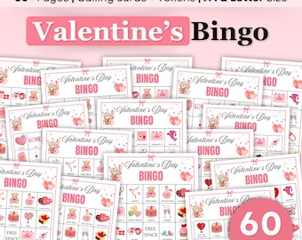 60 Valentines Bingo Game Cards Printable, Valentine's Day Bingo Cards Printable Activity, Kids Valentine's Classroom Party Activity Games B2