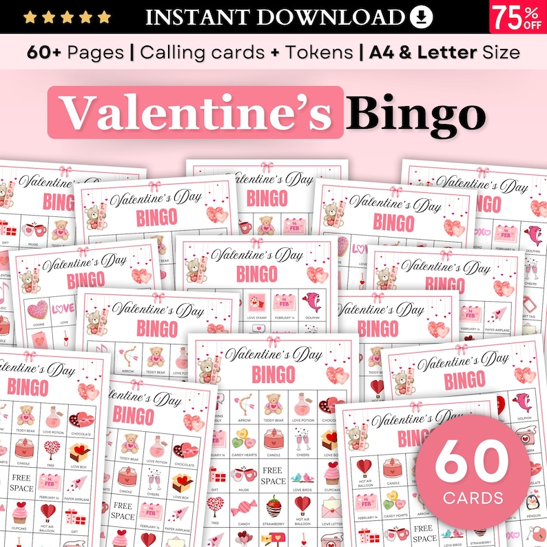 60 Valentines Bingo Game Cards Printable, Valentine's Day Bingo Cards ...