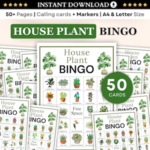 以下が含まれることがあります： 印刷可能な「House Plant Bingo」ゲームカードのセット。カードには、さまざまな観葉植物のイラストが描かれており、「House Plant Bingo」の文字がはっきりと表示されています。画像には「50+ Pages | Calling cards + Markers | A4 & Letter Size」というテキストが含まれています。
