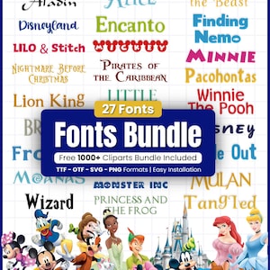Font Bundle 27 SVG TTF Canva Cricut Cutting Tangled Moana Stitch Cars Princess Frozen Fancy Mulan Birthday Invitation Download Digital File