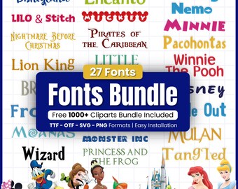 Font Bundle 27 SVG TTF Canva Cricut Cutting Tangled Moana Stitch Cars Princess Frozen Fancy Mulan Birthday Invitation Download Digital File