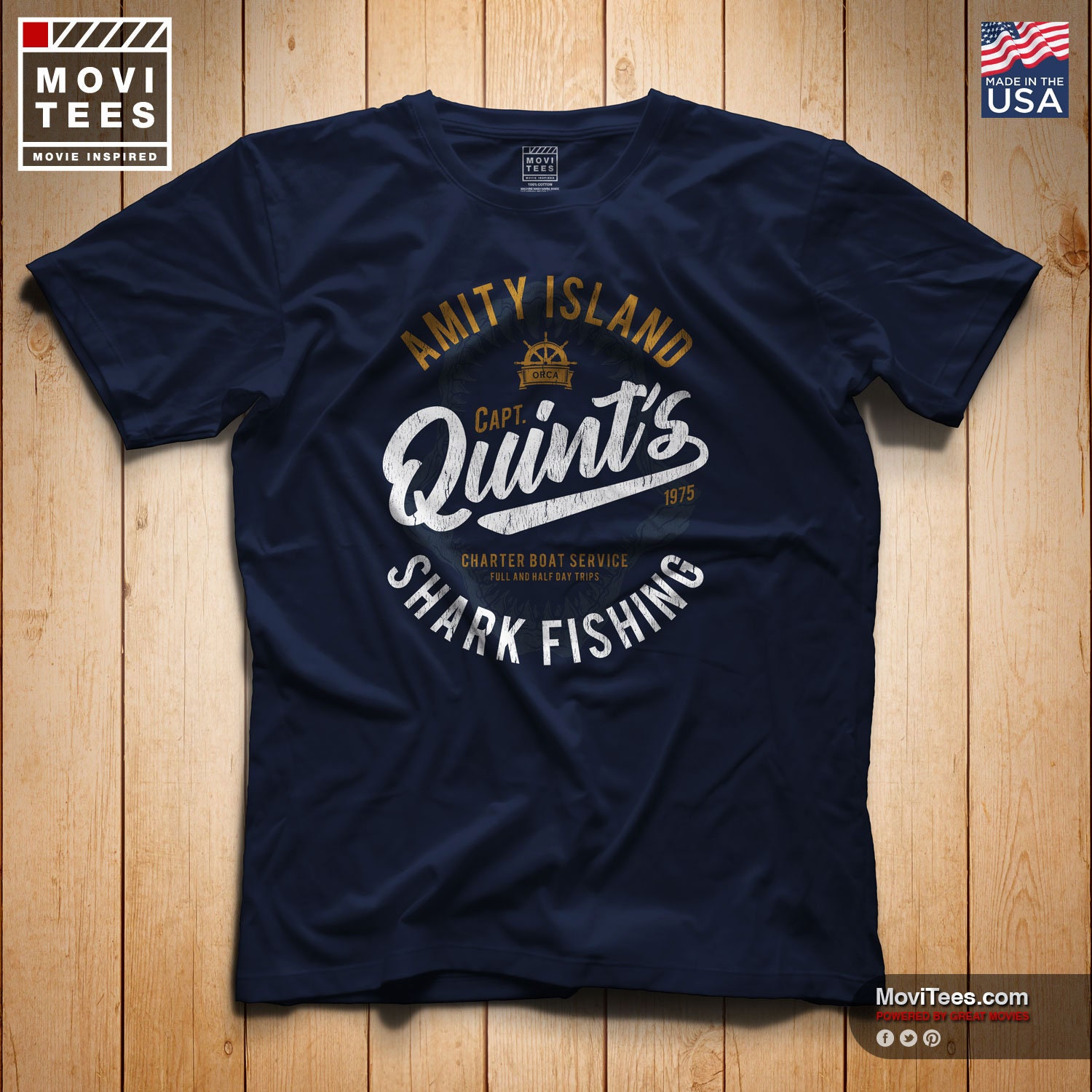 Camiseta e adesivos do filme Tubarão de Jaws Quint's Big Game Fishing,  Athletic Heather, Small