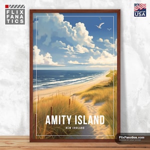 Póster retro vintage de Amity Island, impresión de Amity Island, impresión de viaje, decoración del hogar, póster de viaje de Nueva Inglaterra, arte mural cinematográfico, arte mural moderno