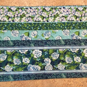 May include: A blue and green fabric with a floral pattern of white hydrangeas. The fabric is striped with different shades of blue and green.
