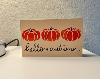 Hello Autumn Mini Fall Sign – 3x5" Pumpkin Decor for Cozy Seasonal Spaces