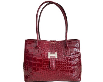 Woman shoulder bag in genuine crocodile patterned leather 32x11x24 cm