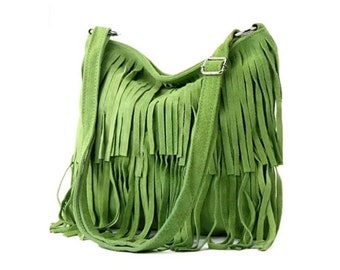 Shoulder bag with suede fringes - women's suede shoulder bag