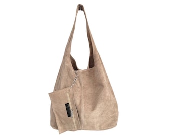 Borsa Hobo a tracolla da donna in pelle scamosciata pochette, Borsa shopper in pelle scamosciata morbida