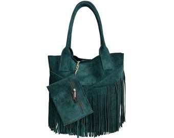 Sac fourre-tout à franges en daim véritable pour femmes et pochette à bijoux de même couleur - Sac à main - Sac à bandoulière