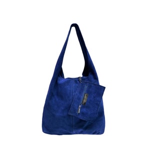 Sac à bandoulière Hobo pour femme en pochette en daim, sac Shopper en cuir suédé souple Bleu