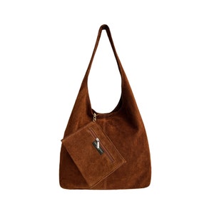 Sac à bandoulière Hobo pour femme en pochette en daim, sac Shopper en cuir suédé souple Marron