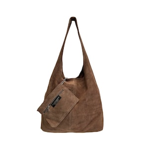 Sac à bandoulière Hobo pour femme en pochette en daim, sac Shopper en cuir suédé souple Taupe Scuro