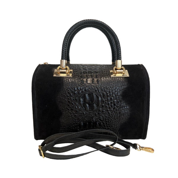 Women's bag - handbag in crocodile print suede leather