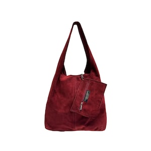 Sac à bandoulière Hobo pour femme en pochette en daim, sac Shopper en cuir suédé souple Bordeaux