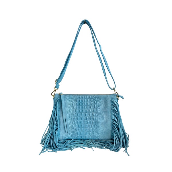 "Crab" women's bag with fringes, shoulder strap, in suede leather 29x2x21 cm