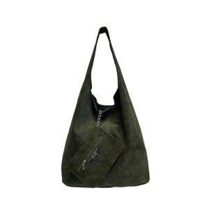 Sac à bandoulière Hobo pour femme en pochette en daim, sac Shopper en cuir suédé souple Verde Scuro