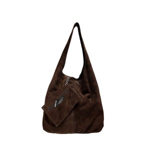 Sac à bandoulière Hobo pour femme en pochette en daim, sac Shopper en cuir suédé souple Marrone Scuro