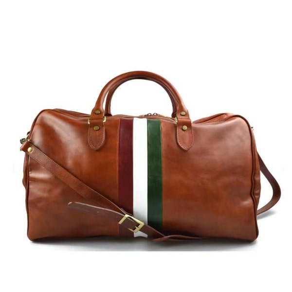 Sac de voyage en cuir pour hommes et femmes, sac de voyage, sac de sport, sac de voyage drapeau italien, cuir véritable miel fabriqué en Italie