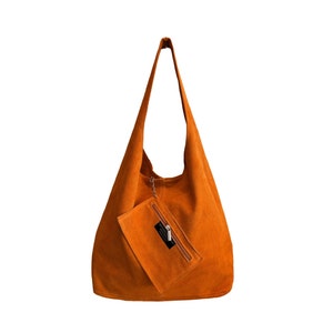 Sac à bandoulière Hobo pour femme en pochette en daim, sac Shopper en cuir suédé souple Arancione