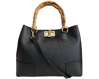 Genuine Leather Woman bag, bamboo handles, Made in Italy, High quality, , shoulder bag, handmade leather bag, elegant bag