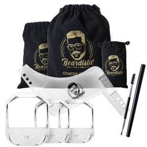 May include: A beard shaping kit with three plastic beard stencils, a comb, a brow brush, and a black eyebrow razor. The kit comes in a black drawstring bag with the logo "Beardistic" and the tagline "Don't Fake it, Match it!"