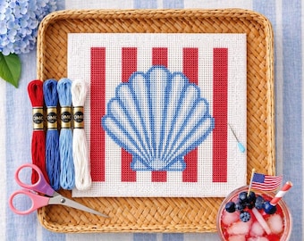 Coastal Shell Needlepoint | Beginner Friendly | Preppy Americana | Printed or Hand-Painted Canvas | Scallop Seashell