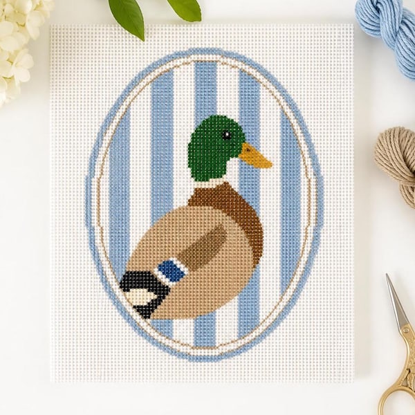 Mallard Duck Needlepoint Canvas | Preppy Coastal Design | Hand Painted or Printed | Beginner Friendly Needlepoint